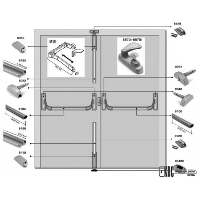 Система антипаника Panama (Fapim) с тремя точками запирания для двустворчатых дверей